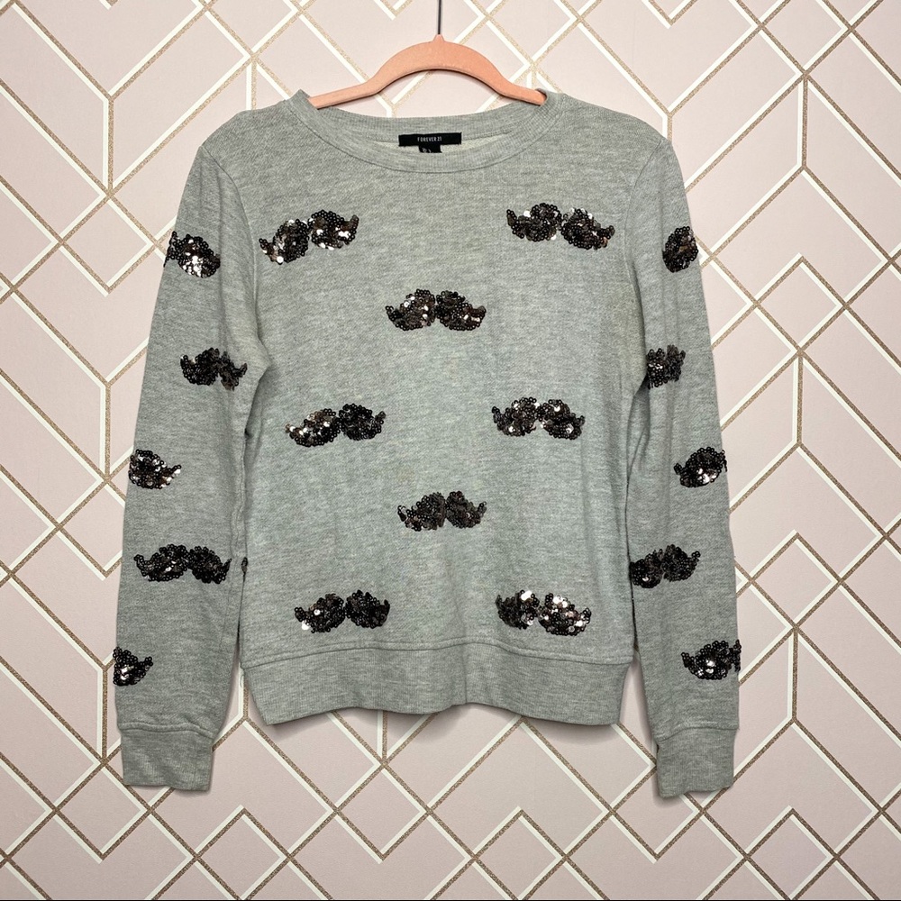 Forever 21 Mustache Crewneck Sweater Gray Small